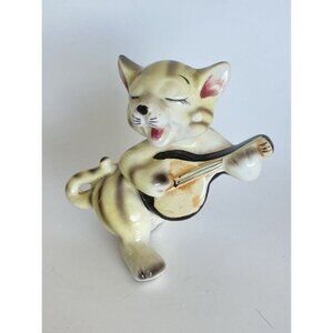 Eyes Closed Cat Playing Banjo Guitar Figurine Porcelain Japan Vintage 3 1/4”